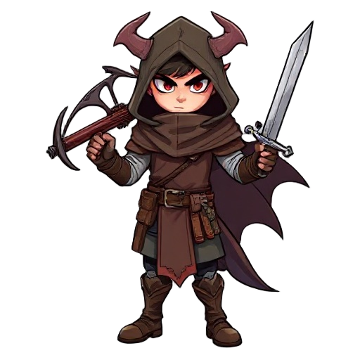 an image of a demon hunter wearing a cloak, holding a crossbow in one hand and a sword in the other, with his face wrapped in the cloak and only his weapon exposed