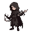 a cloaked demon hunter, holding a crossbow in one hand and a sword in the other, his face shrouded in the cloak, with only his weapon visible.  side view, standing in the game.