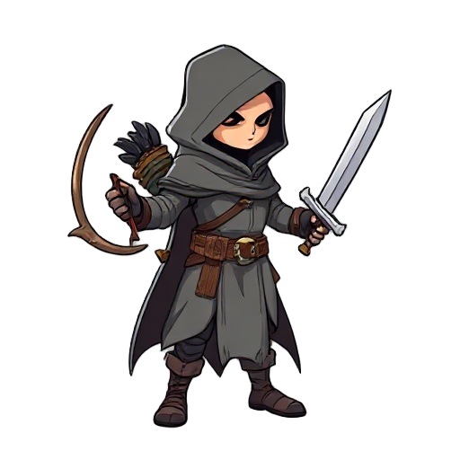 a cloaked demon hunter, holding a crossbow in one hand and a sword in the other, his face shrouded in the cloak, with only his weapon visible.  side view, standing in the game.