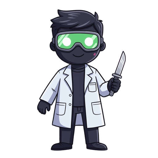 black stickman forensic doctor standing still. white open lab coat, black gloves, glowing green goggles, silver scalpel in hand, faint purple aura