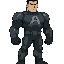 a muscular, heroic male character with a strong and athletic build, short spiked black hair, and an intense, serious expression. he wears a tight, futuristic armored suit with a large stylized “a” emb