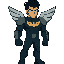 a muscular and athletic hero with spiky black hair and a serious expression. wears a tight, futuristic armored suit, with silver wings and a golden bird symbol on the chest.
