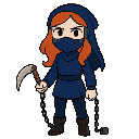mulher ruiva com roupa azul escura. ela tem uma vel azul escuro na cabeça e uma mascara no rosto. ela usa uma kusarigama n