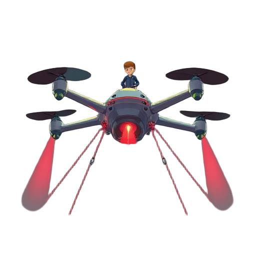 create a giant drone with a men, this drone have a laser bean  with red rain