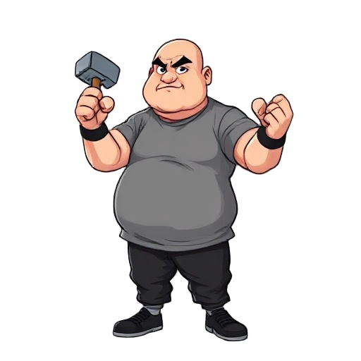 create a sprite of a fighter using phone in your head, gray tshirt, bald, fat, black pants and black shoes. he fight using your arms like a hammer