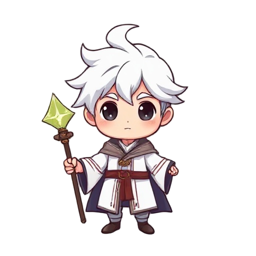 man, age 20, kawaii white hair color, its a mage without hat and without staff