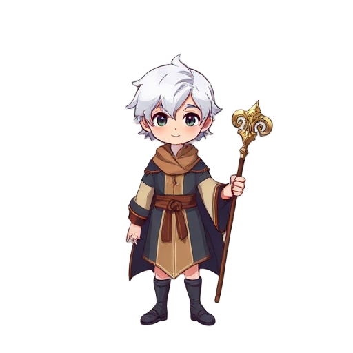 man, age 20, kawaii white hair color, its a mage without hat and without staff