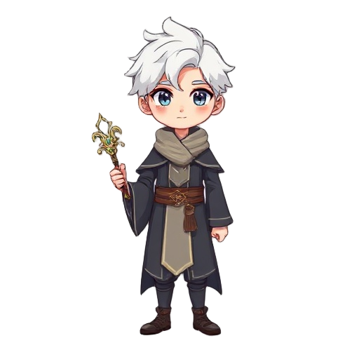 man, age 20, kawaii white hair color, its a mage without hat and without staff/sceptre