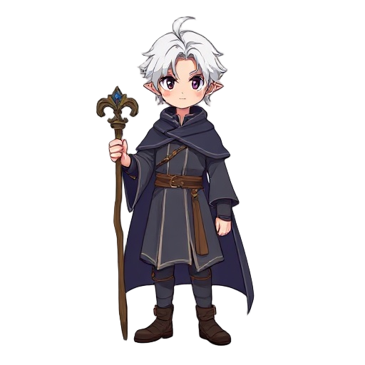 man, age 20, kawaii white hair color, its a mage without hat and staff