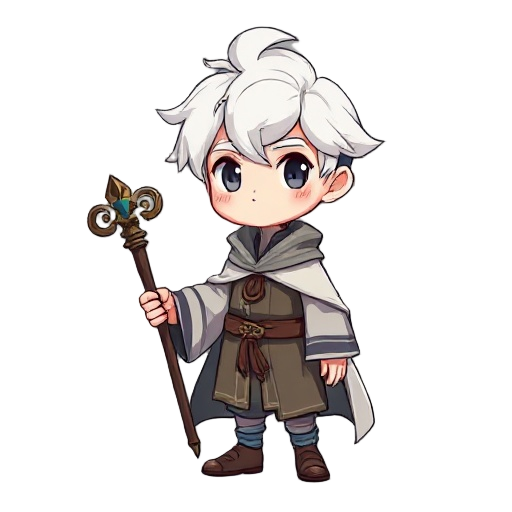 man, age 20, kawaii white hair color, its a mage without hat and staff