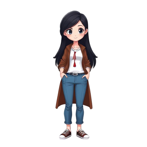 crea una chica blanca de cabello negro y muy largo y un lazo rojo infantil grande en el cabello, con un abrigo abierto de color marrón, una blusa de color blanca unos pantalones de color azul