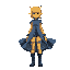 a yellow person with a denim flowy skirt and separated denim bodysuit with shoulderpads. a short yellow wig, pointy ears and the denim is patchwork with different tones of blue. and high denim boots  