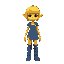 a yellow person with denim ripped skirt and separated denim bodysuit with shoulderpads. a short yellow wig, pointy ears and the denim is patchwork with different tones of blue. and high denim boots  
