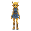 a yellow person with denim ripped skirt and separated denim bodysuit with shoulderpads. a short yellow wig, pointy ears and the denim is patchwork with different tones of blue. and high denim boots