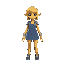 a yellow person with a denim skirt and a denim bodysuit with shoulderpads and a short yellow wig, she has pointy ears and the denim is patchwork with different tones of blue. 