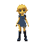 a yellow person with denim ripped skirt and separated denim bodysuit with shoulderpads. a short yellow wig, pointy ears and the denim is patchwork with different tones of blue. and high denim boots