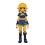 a yellow person with denim ripped skirt and separated denim bodysuit with shoulderpads. a short yellow wig, pointy ears and the denim is patchwork with different tones of blue. and high denim boots