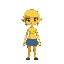 a yellow person with a denim skirt and bodysuit and a short yellow wig, she has pointy ears and the denim is blue toned. the bodysuit has a cutout star in the middle of the chest