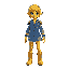 a yellow person with denim ripped skirt and separated denim bodysuit with shoulderpads. a short yellow wig, pointy ears and the denim is patchwork with different tones of blue. and high denim boots  