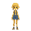a yellow person with a denim skirt and a denim bodysuit and a short yellow wig, she has pointy ears and the denim is blue toned. 