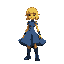 a yellow person with a denim flowy skirt and a denim bodysuit with shoulderpads. a short yellow wig, pointy ears and the denim is patchwork with different tones of blue. and high denim boots