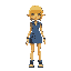 a yellow person with a denim skirt and a denim bodysuit with shoulderpads and a short yellow wig, she has pointy ears and the denim is patchwork with different tones of blue. 