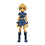 a yellow person with denim ripped skirt and separated denim bodysuit with shoulderpads. a short yellow wig, pointy ears and the denim is patchwork with different tones of blue. and high denim boots