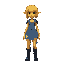 a yellow person with denim ripped skirt and separated denim bodysuit with shoulderpads. a short yellow wig, pointy ears and the denim is patchwork with different tones of blue. and high denim boots  