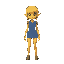 a yellow person with a denim skirt and a denim bodysuit with shoulderpads and a short yellow wig, she has pointy ears and the denim is blue toned. 