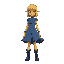 a yellow person with a denim flowy skirt and a denim bodysuit with shoulderpads. a short yellow wig, pointy ears and the denim is patchwork with different tones of blue. and high denim boots
