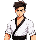 a muscular chinese man, 27 years old, 1.80m tall, with a lean and athletic build, short dark brown hair, brown eyes, and a determined expression. he wears a white unbuttoned ifu, a black sash around h