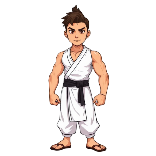 a muscular chinese man, 27 years old, 1.80m tall, with a lean and athletic build, short dark brown hair, brown eyes, and a determined expression. he wears a white unbuttoned ifu, a black sash around h