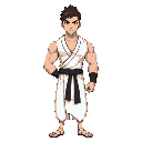a muscular chinese man, 27 years old, 1.80m tall, with a lean and athletic build, short dark brown hair, brown eyes, and a determined expression. he wears a white unbuttoned ifu, a black sash around h