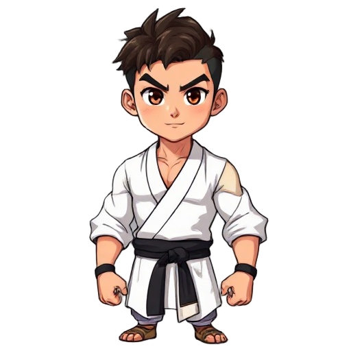 a muscular chinese man, 27 years old, 1.80m tall, with a lean and athletic build, short dark brown hair, brown eyes, and a determined expression. he wears a white unbuttoned ifu, a black sash around h