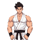 a muscular chinese man, 27 years old, 1.80m tall, with a lean and athletic build, short dark brown hair, brown eyes, and a determined expression. he wears a white unbuttoned ifu, a black sash around h