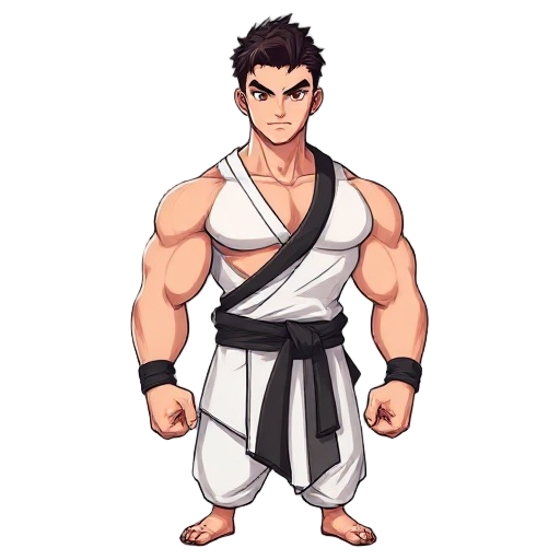a muscular chinese man, 27 years old, 1.80m tall, with a lean and athletic build, short dark brown hair, brown eyes, and a determined expression. he wears a white unbuttoned ifu, a black sash around h
