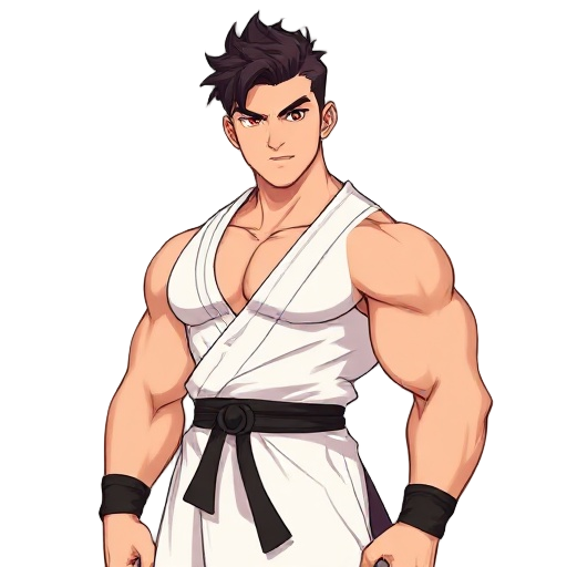 a muscular chinese man, 27 years old, 1.80m tall, with a lean and athletic build, short dark brown hair, brown eyes, and a determined expression. he wears a white unbuttoned ifu, a black sash around h
