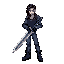 crie um sprite 32x32px, estilo castlevania. personagem: jovem latino, cabelo preto liso puxado pra direita, jaqueta cinza (#2d2d2d), calça azul (#1a3a6a), botas pretas. segura uma espada-teclado com teclas wasd ciano (#00ffff). contornos pretos, sem anti-