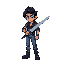 crie um sprite 32x32px, estilo castlevania. personagem: jovem latino, cabelo preto liso puxado pra direita, jaqueta cinza (#2d2d2d), calça azul (#1a3a6a), botas pretas. segura uma espada-teclado com teclas wasd ciano (#00ffff). contornos pretos, sem anti-