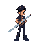 crie um sprite 32x32px, estilo castlevania. personagem: jovem latino, cabelo preto liso puxado pra direita, jaqueta cinza (#2d2d2d), calça azul (#1a3a6a), botas pretas. segura uma espada-teclado com teclas wasd ciano (#00ffff). contornos pretos, sem anti-