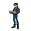 "32x32px latino male, black hair right, gray jacket, blue pants, black boots. holds cyan wasd keyboard-sword. castlevania style, black outline, no aa."