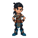um homem indígena, cabelo liso preto puxado para o lado, jaqueta cinza (#5d5d5d), calça azul (#1a3a6a), botas pretas. estilo castlevania, contornos pretos, sem anti-aliasing. expressão neutra, pose de combate."