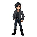 indigenous man with straight black hair swept to one side, gray jacket (#5d5d5d), navy blue pants (#1a3a6a), black boots. castlevania-style with black outlines, no anti-aliasing. neutral expression, combat stance