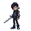 crie um sprite 32x32px, estilo castlevania. personagem: jovem latino, cabelo preto liso puxado pra direita, jaqueta cinza (#2d2d2d), calça azul (#1a3a6a), botas pretas. segura uma espada-teclado com teclas wasd ciano (#00ffff). contornos pretos, sem anti-
