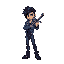 crie um sprite 32x32px, estilo castlevania. personagem: jovem latino, cabelo preto liso puxado pra direita, jaqueta cinza (#2d2d2d), calça azul (#1a3a6a), botas pretas. segura uma espada-teclado com teclas wasd ciano (#00ffff). contornos pretos, sem anti-