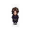 androgynous mysetrious child and simple dark clothes and have messy brown hair