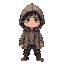 kid with a hopeless expression and blank eyes, r partially covered by a torn hood , wearing ragged and torn clothes