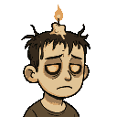 pale skin, tired eyes…  a small candle wick on his head, burning with a soft orange flame.  hair: charred at the roots. some strands look burned or sticky with melted wax.  eyes: hollow but glowing faintly from below — like light is trying to escape from 