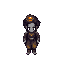 pale, hollow‑eyed short child with charred hair, a small burning candle on head,  bare feet, in scorched tunic and worn pants, orange candlelight glow.
