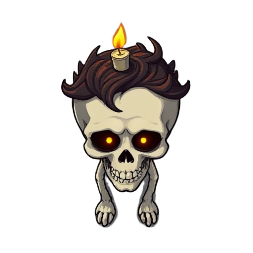 appearance head: pale skin, tired eyes… but on top of the skull is a small candle wick, burning with a soft orange flame.  hair: charred at the roots. some strands look burned or sticky with melted wax.  eyes: hollow but glowing faintly from below — like 